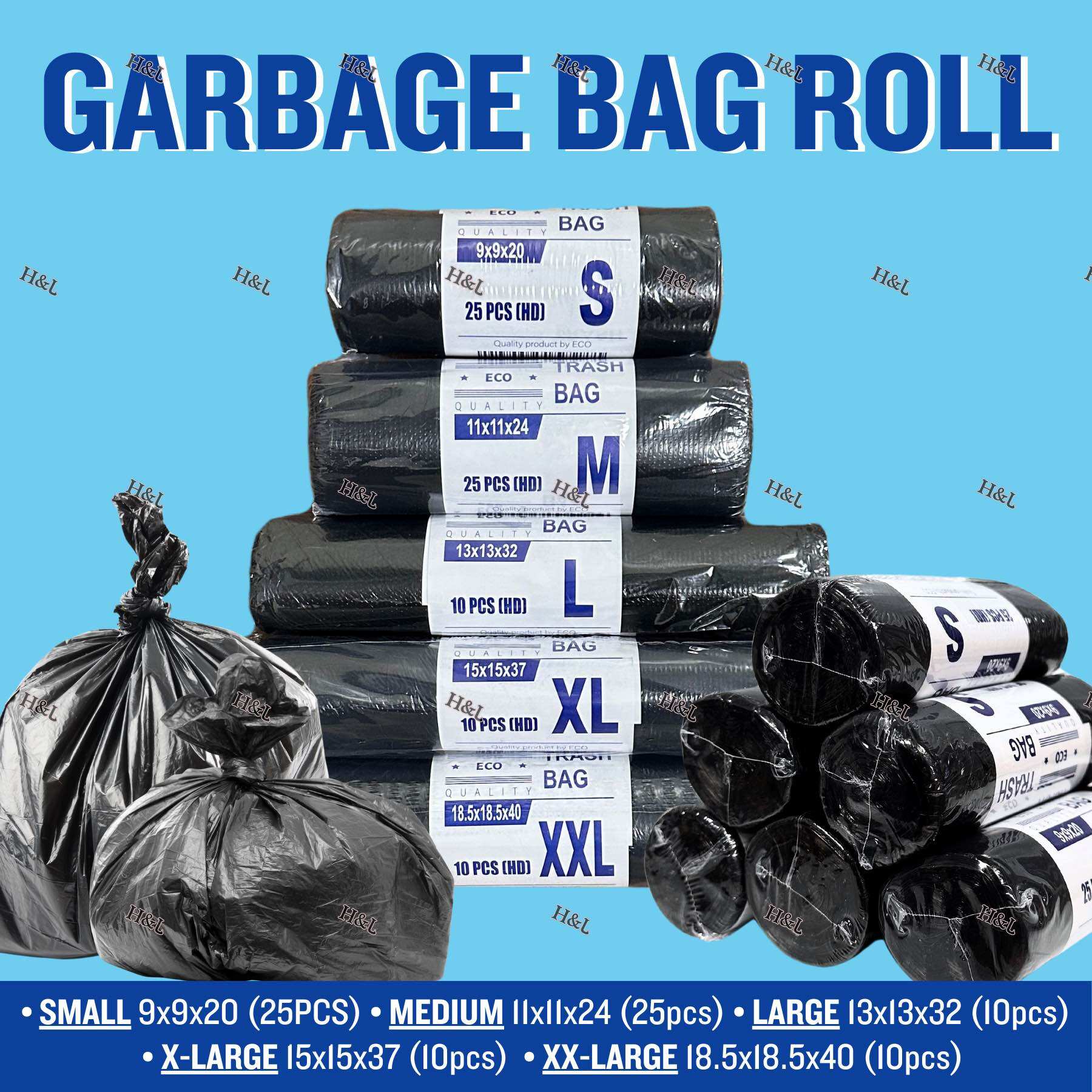 Garbage Bag Roll promotional image showing Small, Medium, Large, X-Large, and XX-Large variants